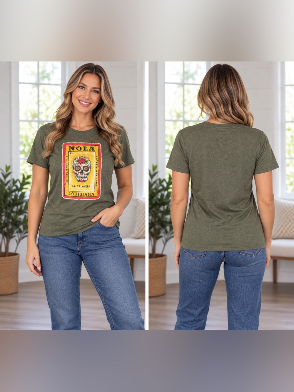 The Duck Co Nola La Calavera Sugar Skull Graphic Tee in Olive - NWT
